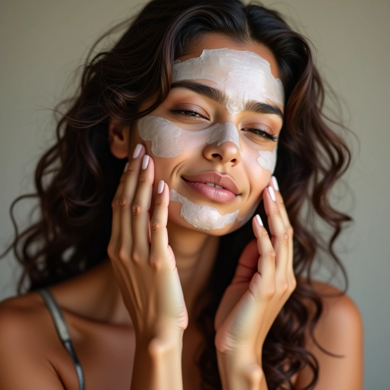 Mulher aplicando máscara de hidratação nos cabelos, com expressão relaxada.