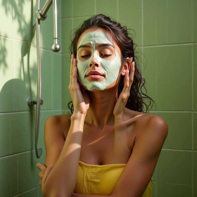 Mulher aplicando máscara de hidratação nos cabelos durante o banho.