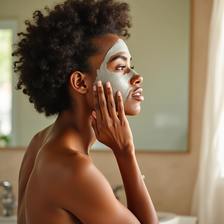 Mulher aplicando máscara de hidratação nos cabelos em banheiro iluminado.