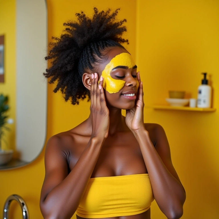 Mulher aplicando máscara de hidratação nos cabelos em um banheiro colorido.