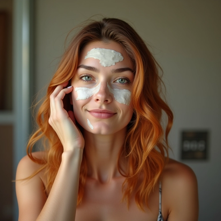 Mulher aplicando máscara de hidratação profunda em cabelos coloridos no banheiro.