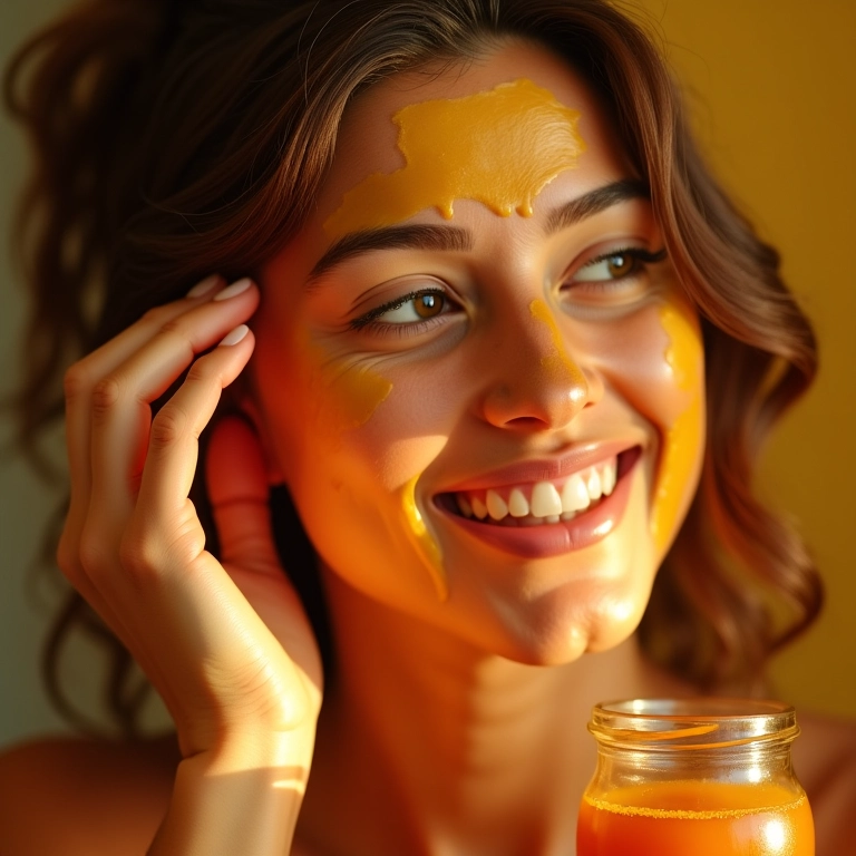 Mulher aplicando máscara de mel no cabelo.