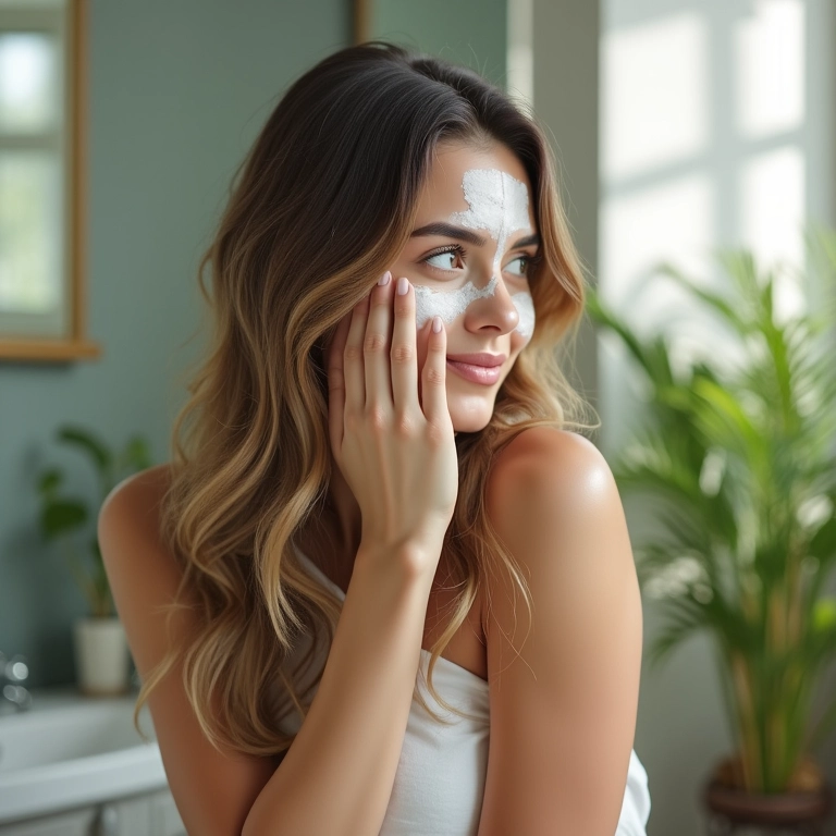 Mulher aplicando máscara de nutrição em cabelo brilhante e saudável em banheiro iluminado.