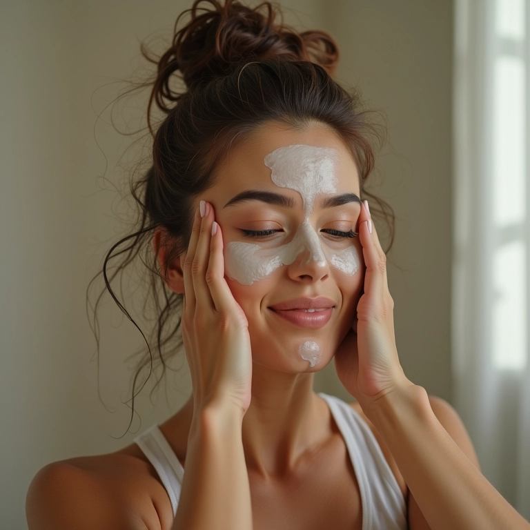 Mulher aplicando máscara de reconstrução capilar em cabelo danificado.
