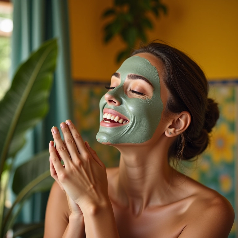 Mulher aplicando máscara facial de argila em um banheiro colorido.