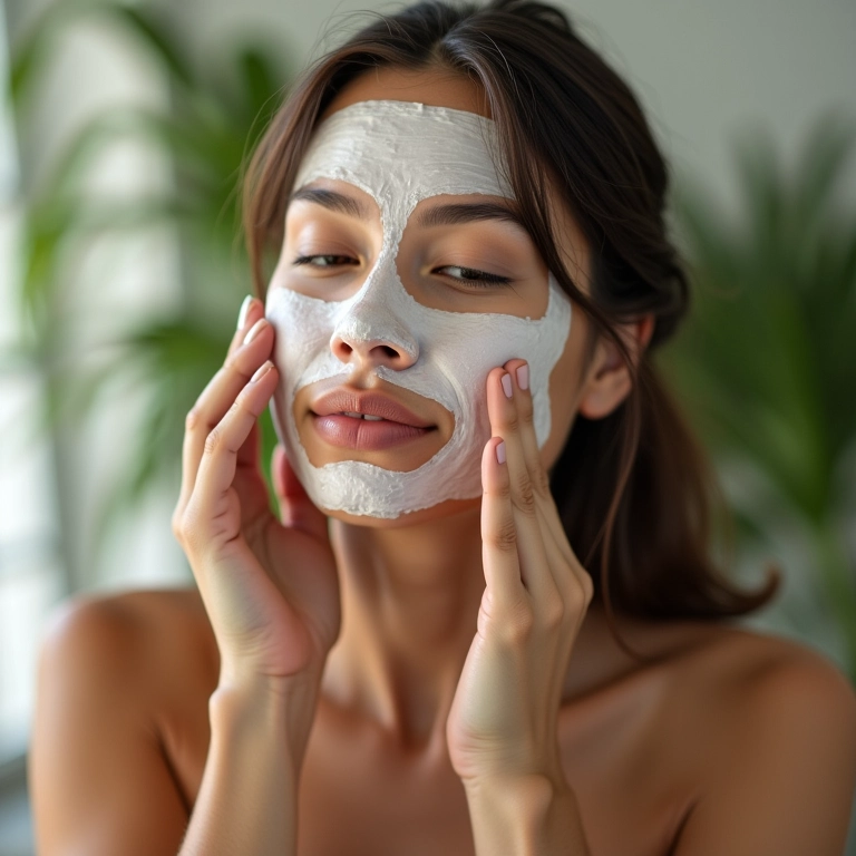 Mulher aplicando máscara facial em banheiro iluminado e cheio de plantas.
