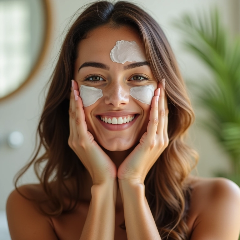 Mulher aplicando máscara hidratante no cabelo em banheiro decorado.