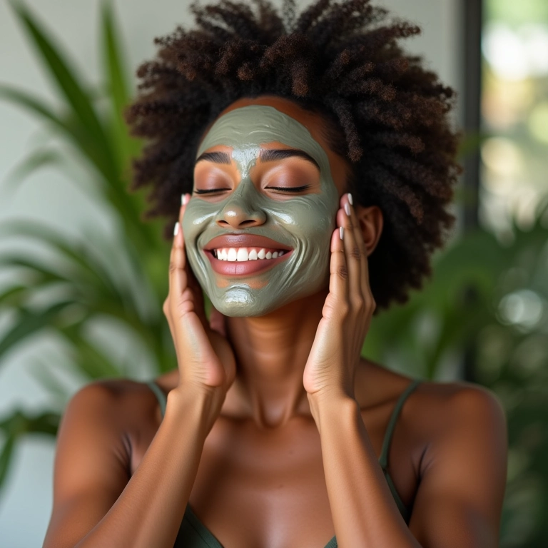Mulher aplicando máscara hidratante no cabelo em casa.