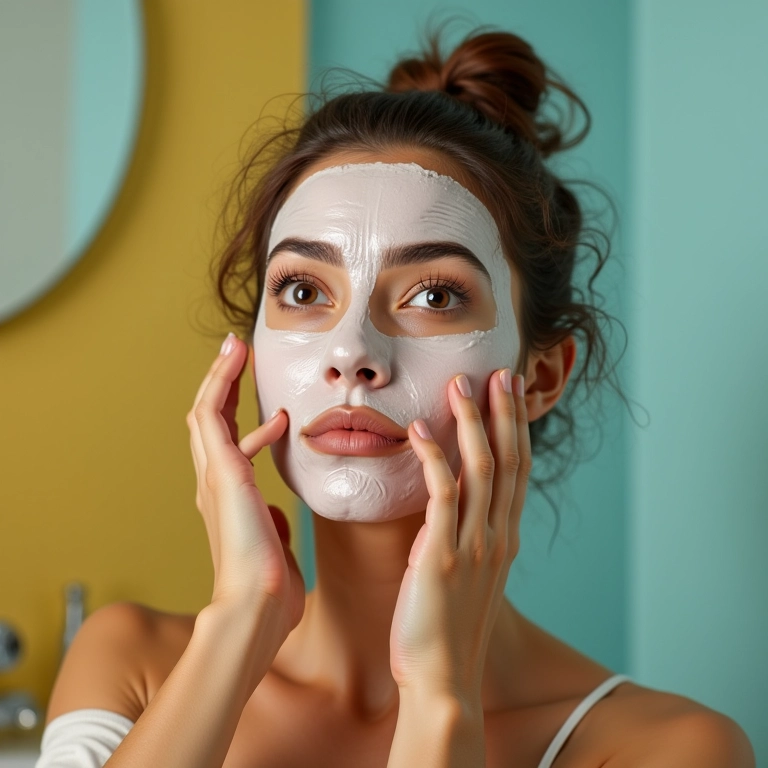 Mulher aplicando máscara reconstrutora após procedimento químico.