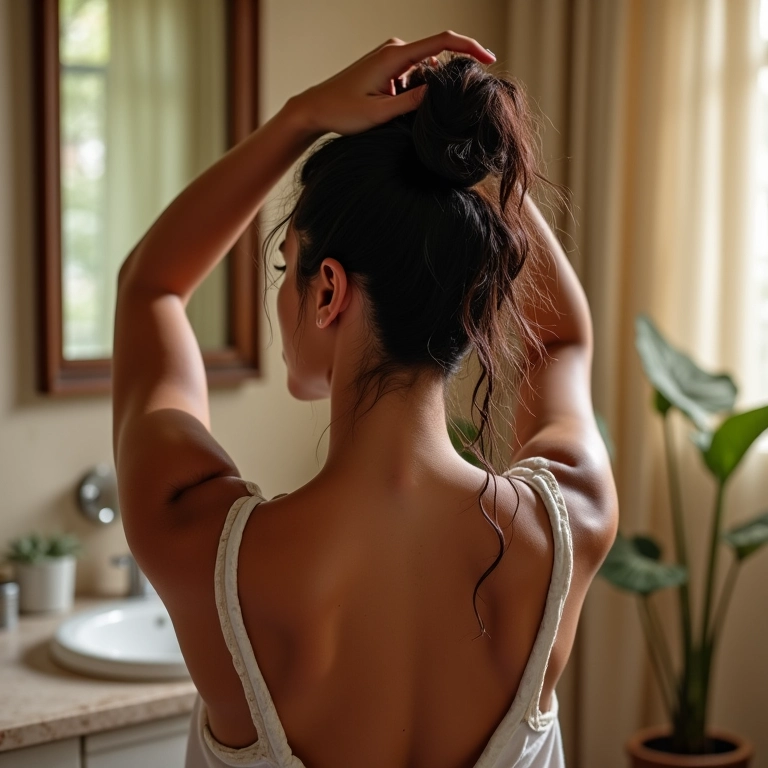 Mulher aplicando máscara reconstrutora no cabelo, em banheiro vibrante estilo Farm Rio.