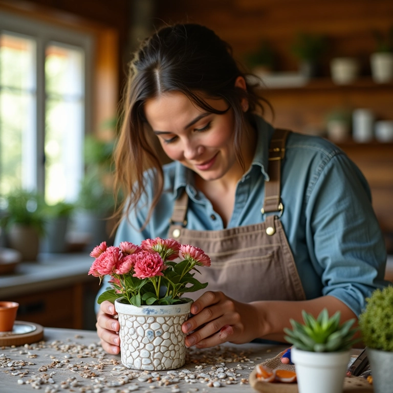 Mulher aplicando mosaico de casca de ovo em vaso de flores numa cozinha rústica.