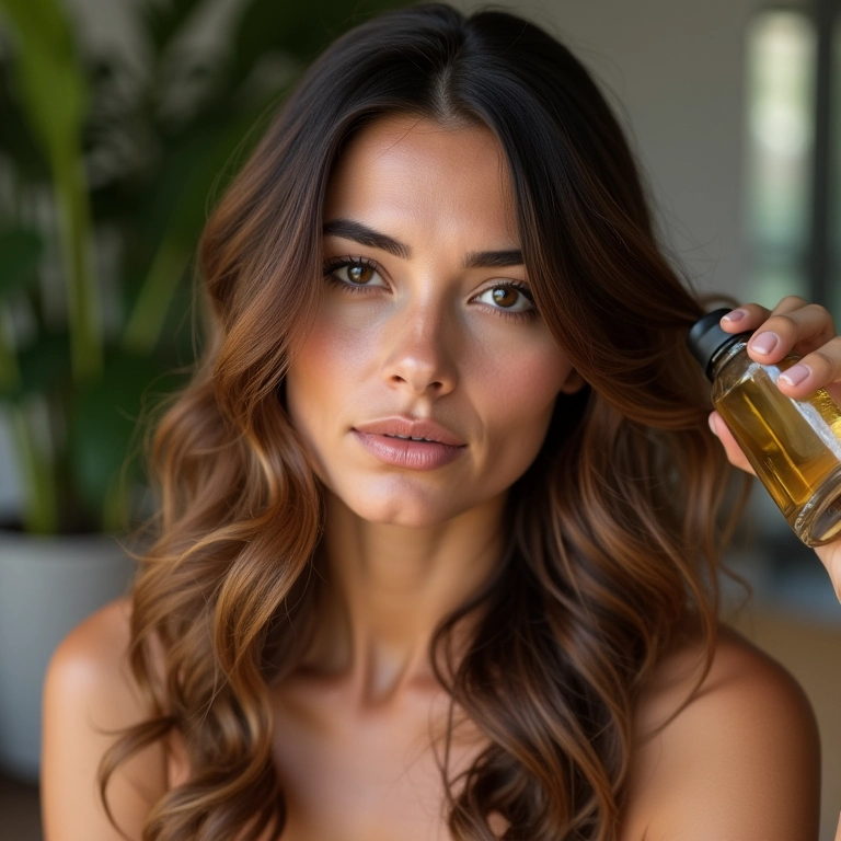 Mulher aplicando óleo capilar low poo para potencializar os resultados.