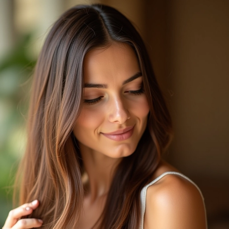 Mulher aplicando óleo capilar no cabelo fino.