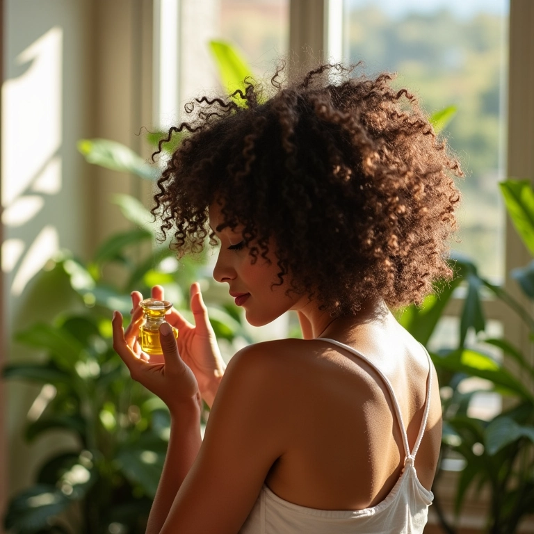 Mulher aplicando óleo capilar para proteger do ressecamento antes da lavagem.