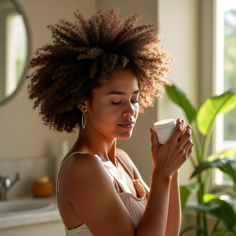 Mulher aplicando óleo de coco no cabelo 3C durante a umectação.