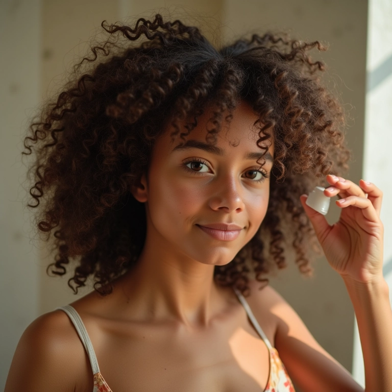 Mulher aplicando óleo de coco no cabelo cacheado no banheiro.