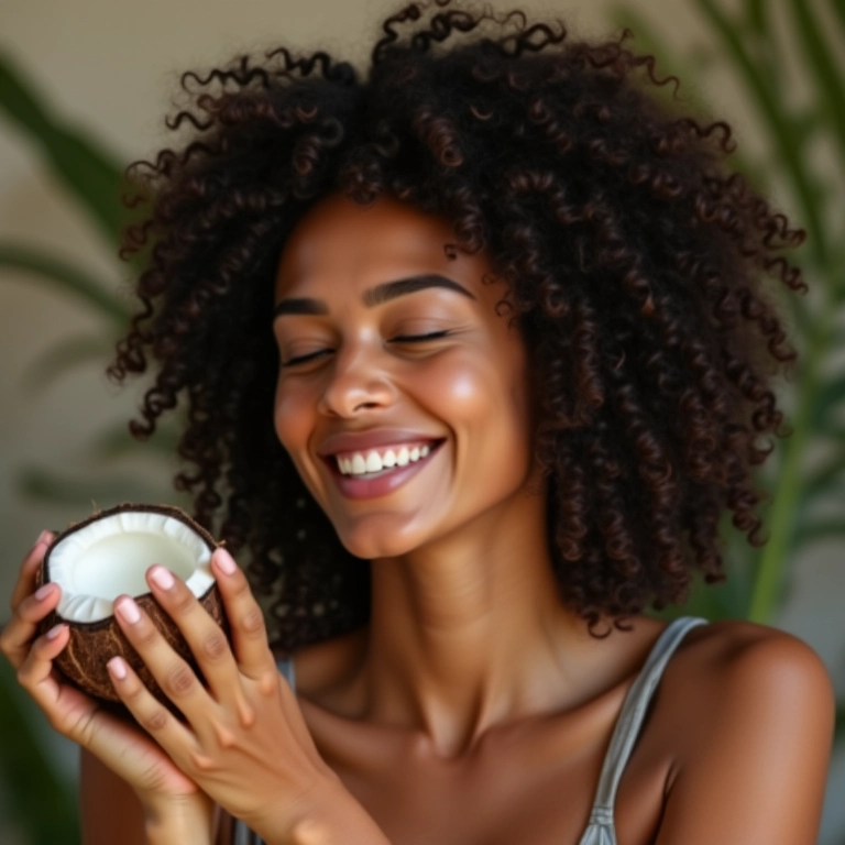 Mulher aplicando óleo de coco no cabelo cacheado.