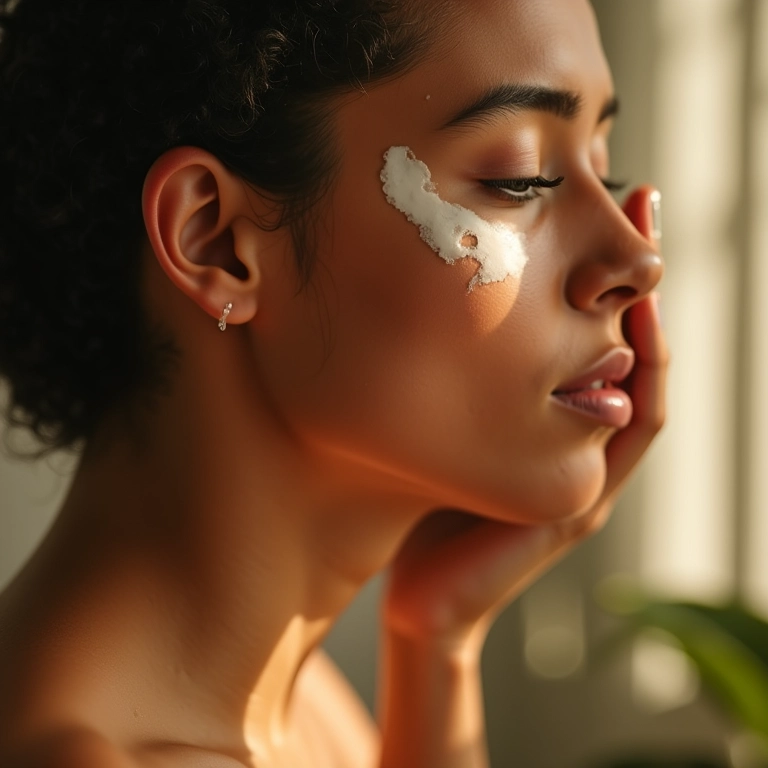 Mulher aplicando óleo de coco no cabelo em banheiro iluminado com estilo brasileiro vibrante.