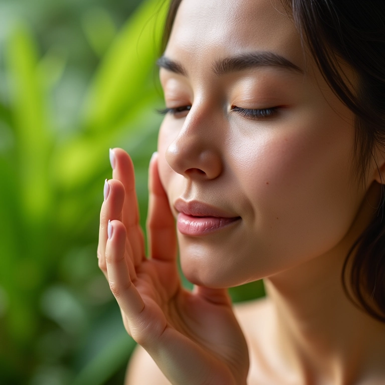 Mulher aplicando óleo essencial no rosto para uma pele radiante.