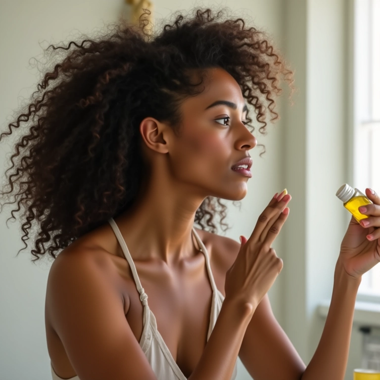Mulher aplicando óleo vegetal no cabelo cacheado.