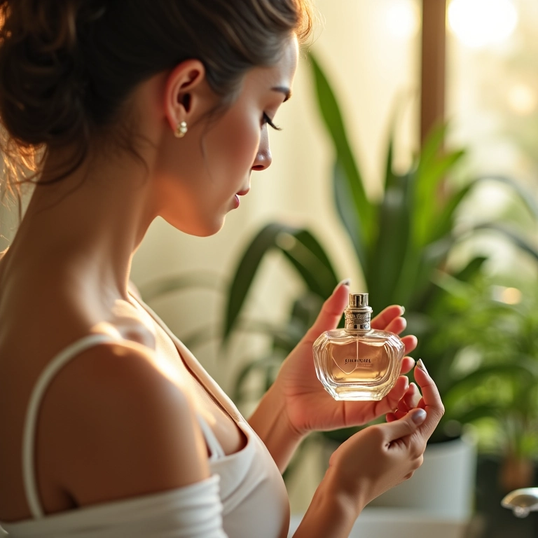 Mulher aplicando perfume no pulso, destacando a durabilidade da fragrância.