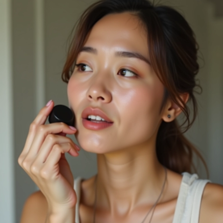 Mulher aplicando pó compacto na zona T para controlar o brilho da pele mista.