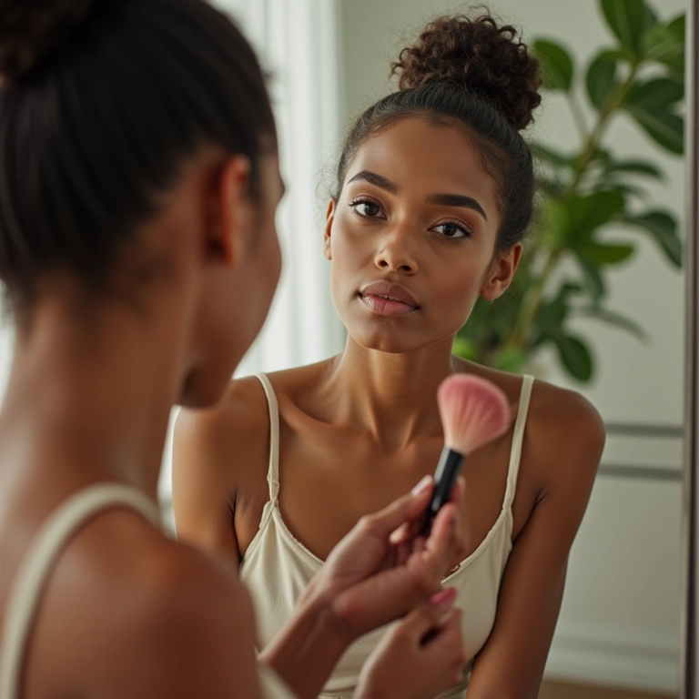 Mulher aplicando pó compacto no rosto em um banheiro iluminado.