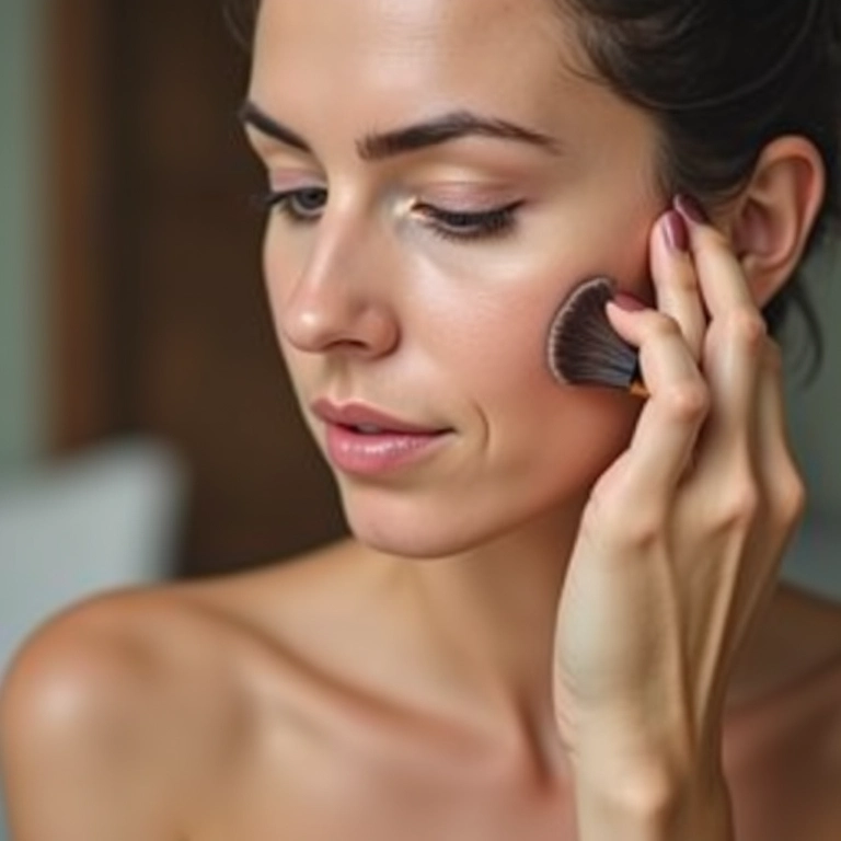 Mulher aplicando pó compacto translúcido com um pincel grande.