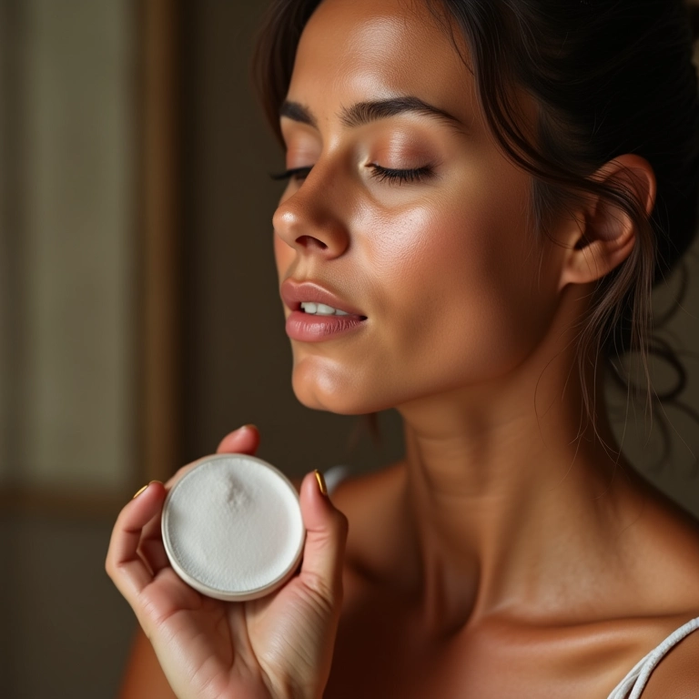 Mulher aplicando pó hidratante em pele seca.