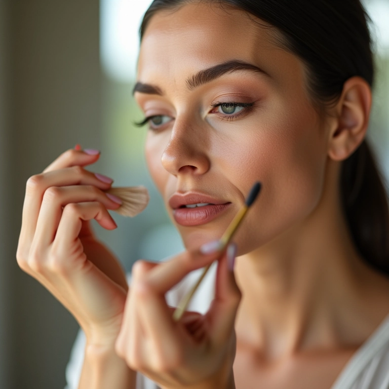 Mulher aplicando pó translúcido para selar a maquiagem.