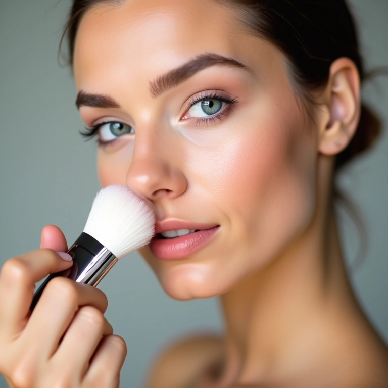 Mulher aplicando pó translúcido para selar a maquiagem.