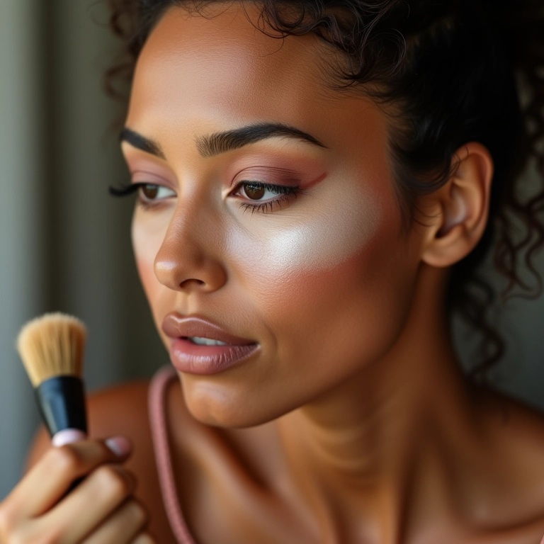 Mulher aplicando pó translúcido para selar a maquiagem.