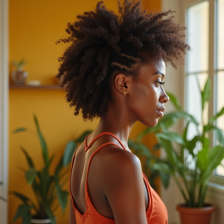 Mulher aplicando pré-poo caseiro nas pontas do cabelo.