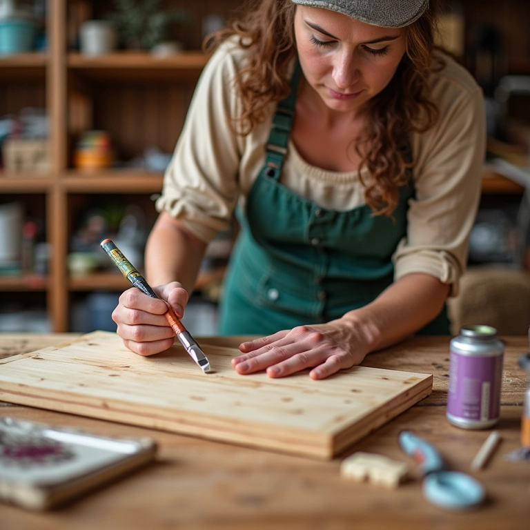 Mulher aplicando primer em peça de artesanato de madeira.