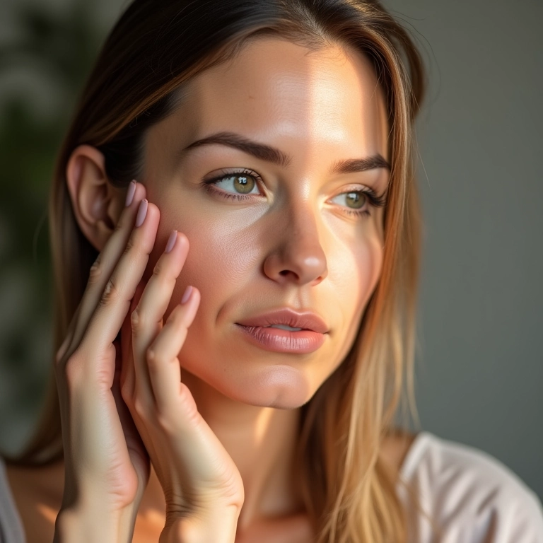 Mulher aplicando primer iluminador, brilho sutil no rosto.