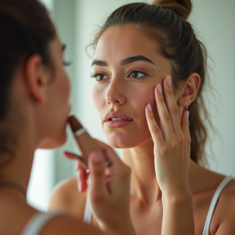 Mulher aplicando primer no rosto em um banheiro iluminado, com foco na textura da pele.