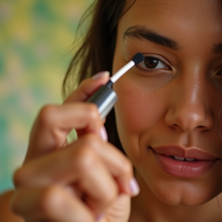 Mulher aplicando primer para cílios em banheiro com decoração brasileira vibrante.
