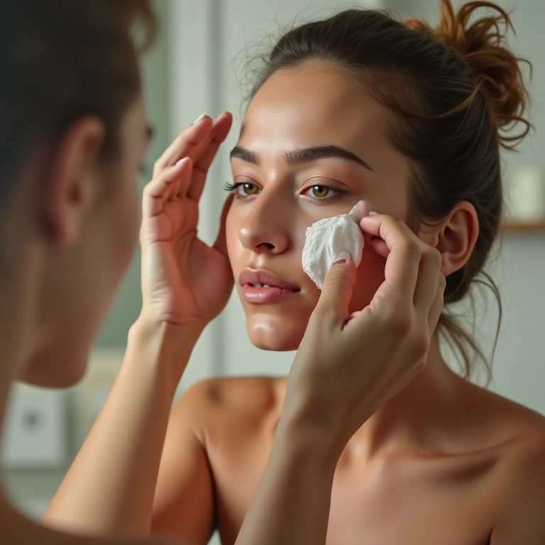 Mulher aplicando produto com ácido em baixa concentração no rosto.