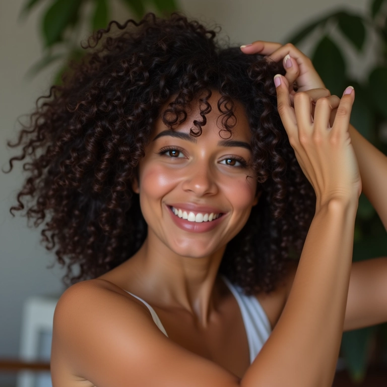 Mulher aplicando produto finalizador para definir cachos e controlar o volume.