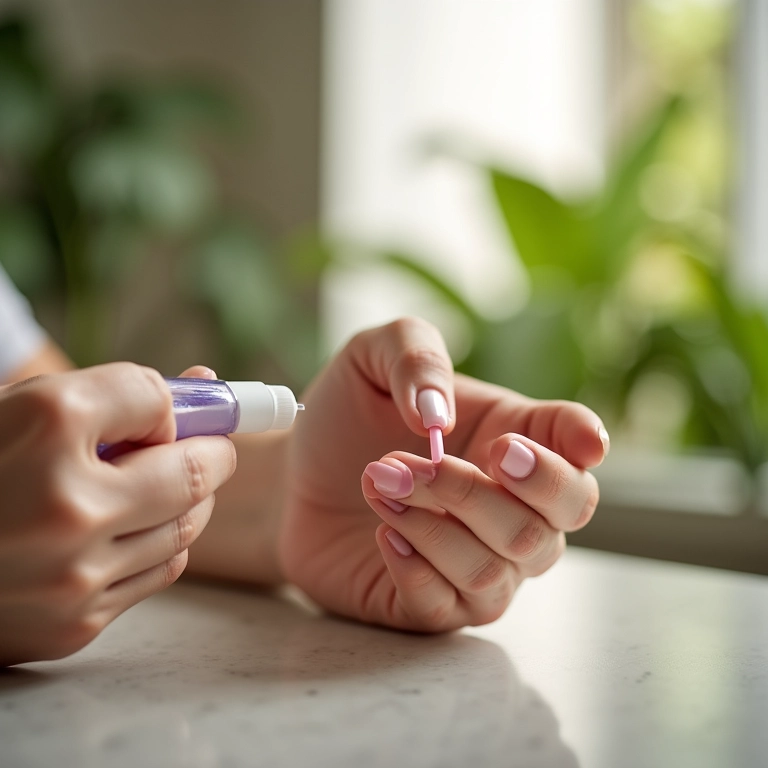 Mulher aplicando produto fortalecedor nas unhas, demonstrando o uso de aliados para unhas perfeitas.