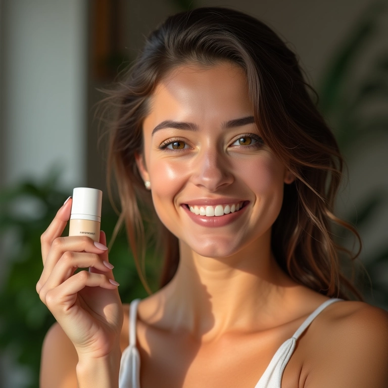 Mulher aplicando produto multifuncional no rosto com sorriso.