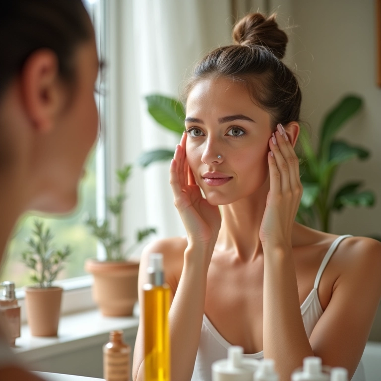Mulher aplicando produtos de skincare.