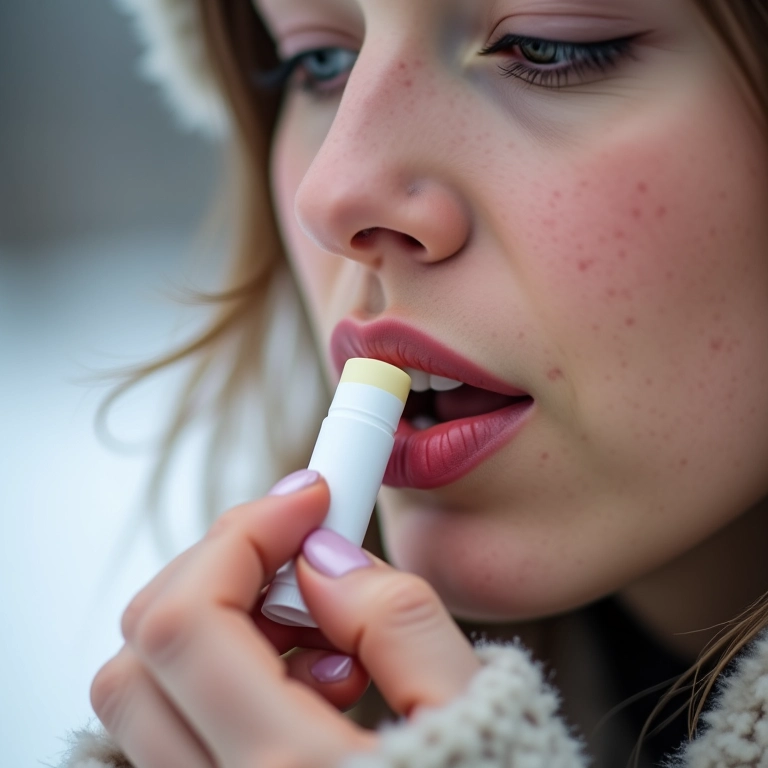 Mulher aplicando protetor labial nos lábios ressecados.