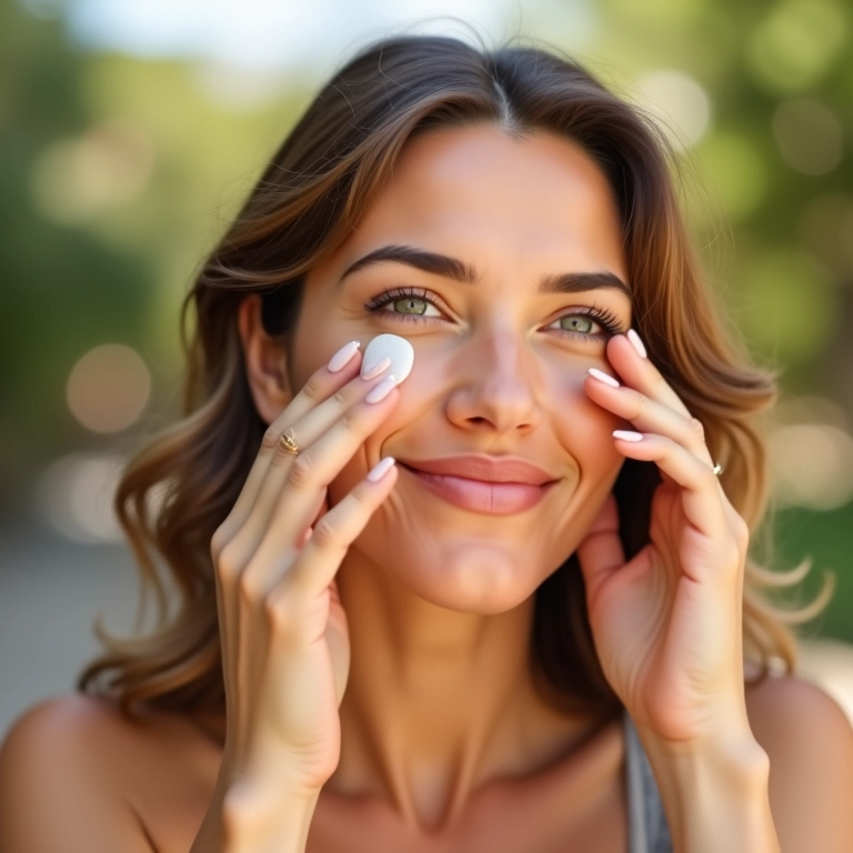 Mulher aplicando protetor solar após tratamento de radiofrequência facial.