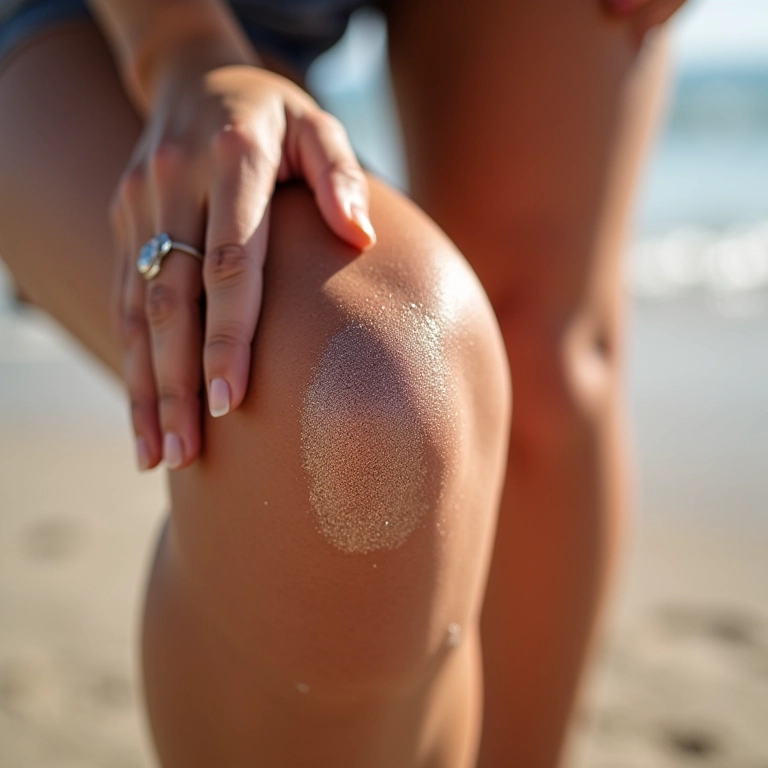 Mulher aplicando protetor solar com brilho nas pernas antes da praia.