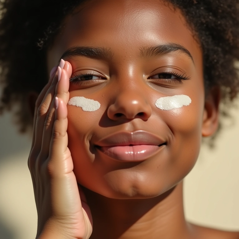 Mulher aplicando protetor solar facial para pele acneica, mostrando a textura do produto.