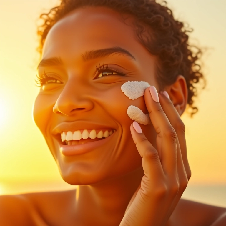 Mulher aplicando protetor solar no rosto.