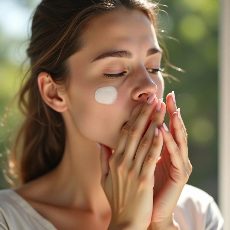 Mulher aplicando protetor solar no rosto.