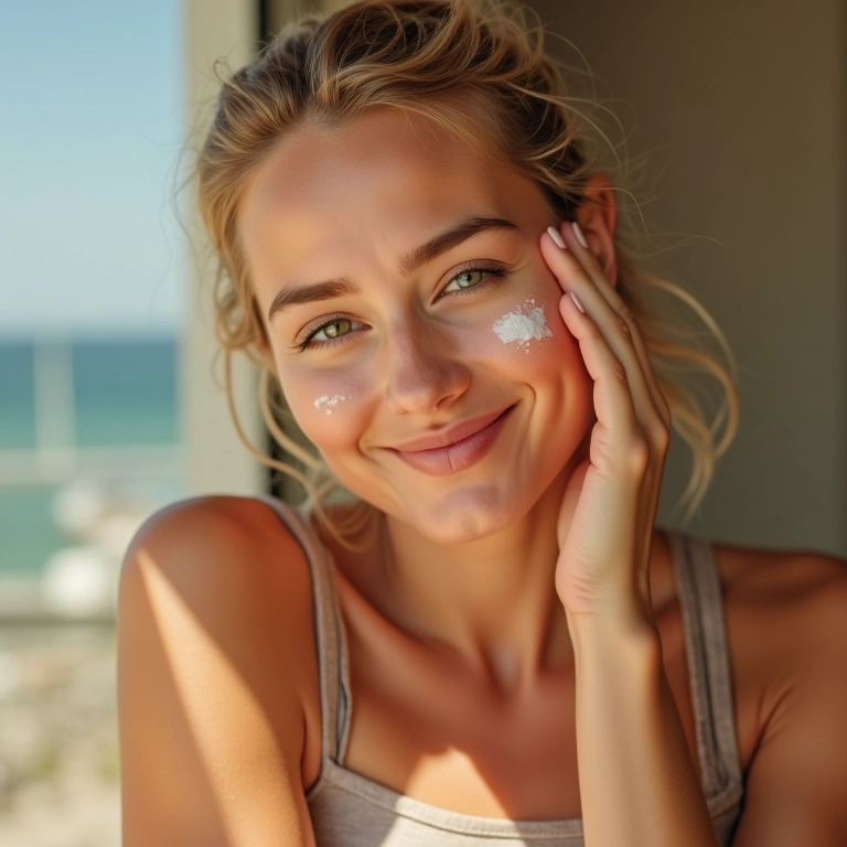 Mulher aplicando protetor solar no rosto antes de sair de casa.