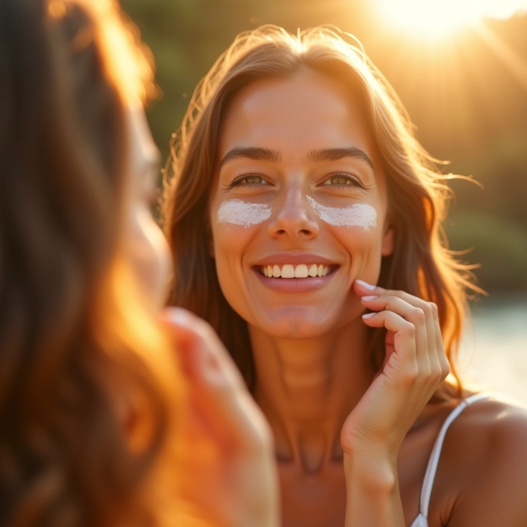 Mulher aplicando protetor solar no rosto antes de sair.